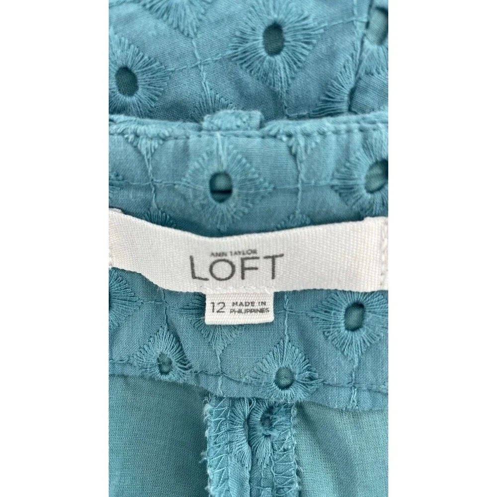 LOFT Riviera Shorts Women’s 12 Teal Eyelet Embroidery Cotton Lined Summer Chic